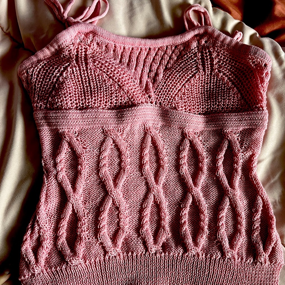 Pink Fitted Ribbed Tank Top with Tie Front